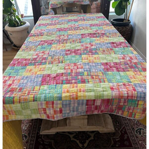 Vintage LNT Home Quilt Square Plaid Patchwork Reversible 88" x 100"